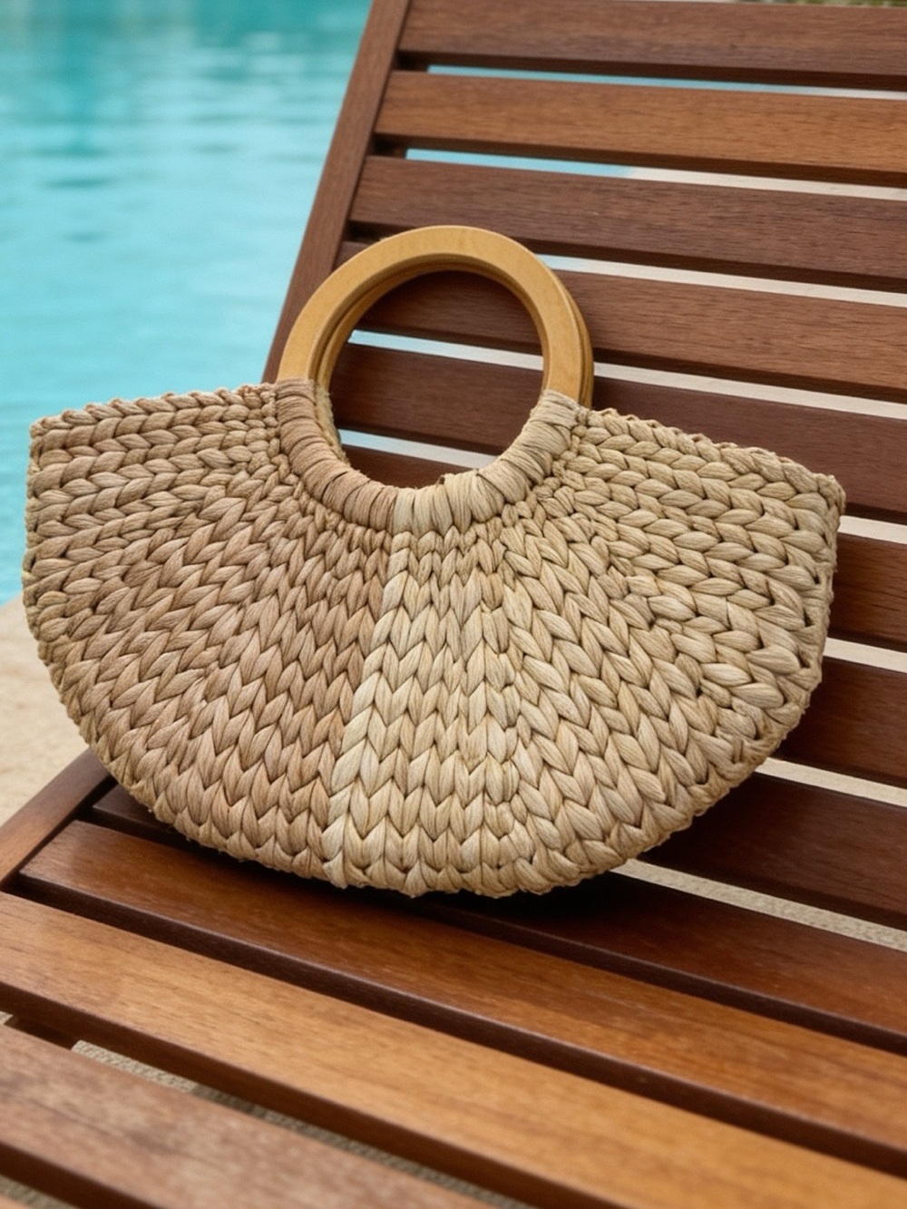 Neutral Woven Straw Tote with Wooden Circle Handles - Picture 7 of 16